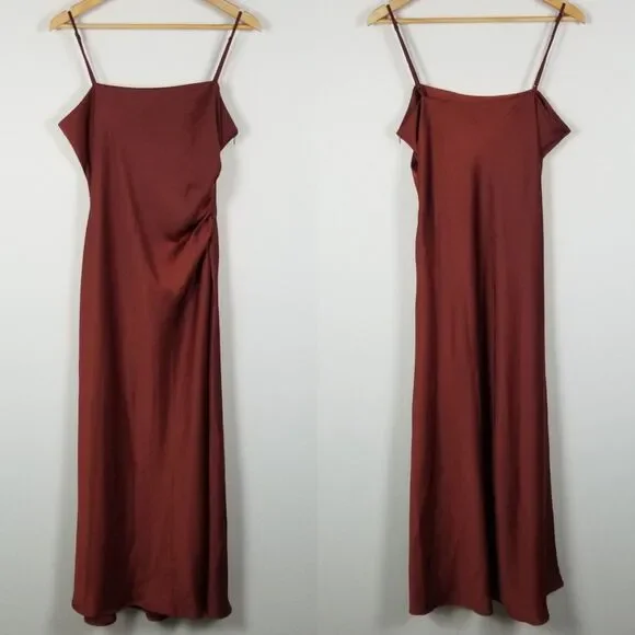 House Of Harlow 1960 Revolve Brown Satin Long Ruche Detail Side Slit Dress Sz XL - Picture 7 of 13